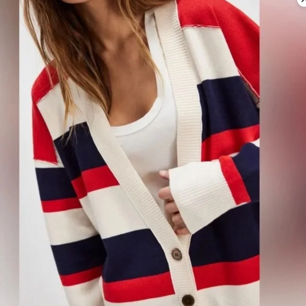 Free People Oversized Striped Cardigan in Red, Navy & Cream
